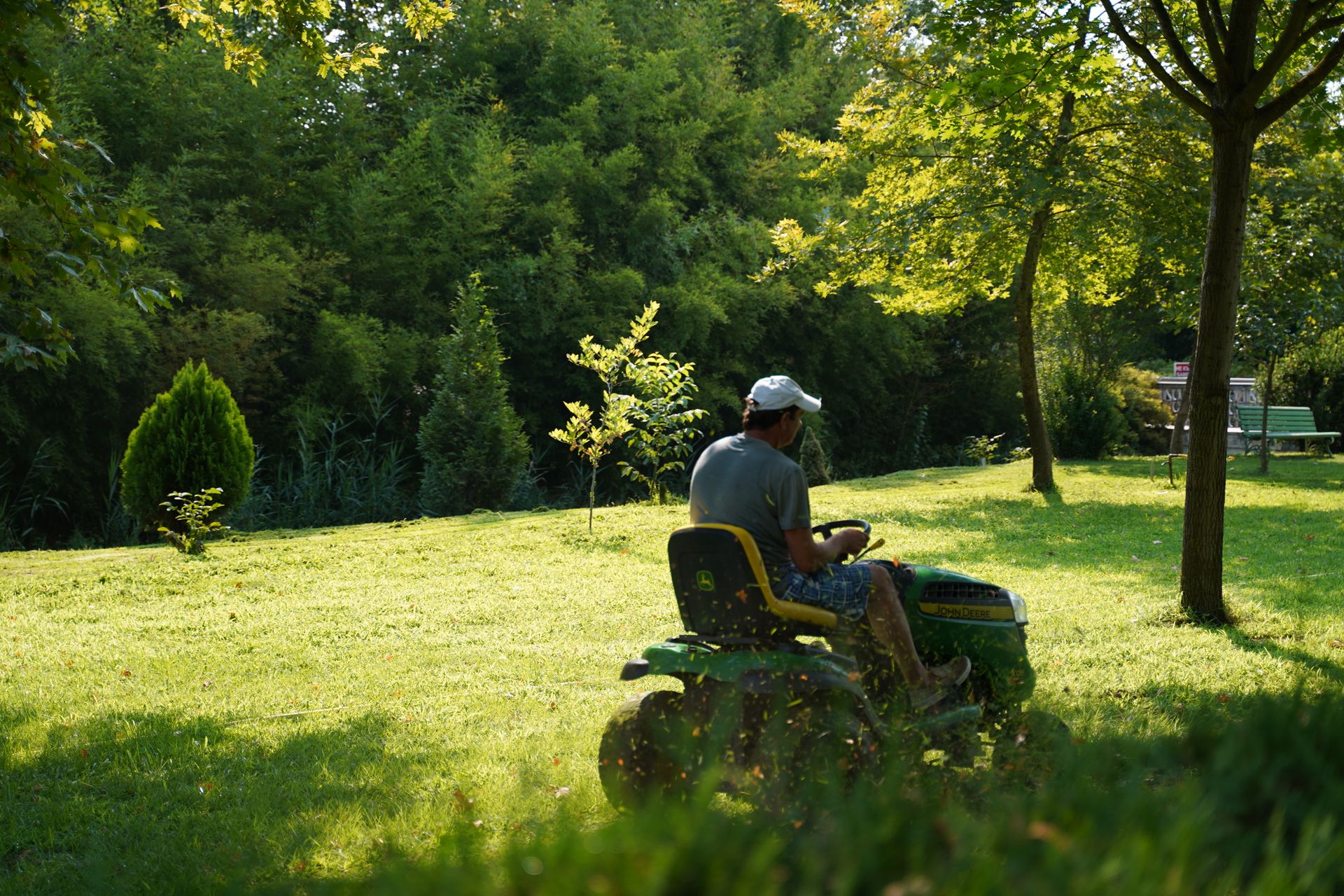 Gardener mowing a lush green lawn